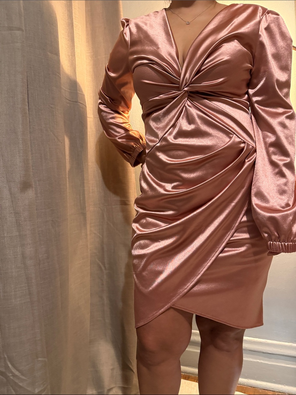 Satin Twist-Front Long Sleeve Dress - Copper